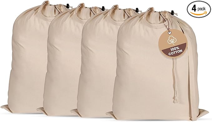 LFH Home 100% Cotton Canvas Extra Large Laundry Bag with Drawstring and Handles Heavy Duty, Multi-Use, and Washable for Home, Travel, College or Storage 24x36 (Pack of 4)-Natural
