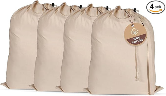 LFH Home 100% Cotton Canvas Extra Large Laundry Bag with Drawstring and Handles Heavy Duty, Multi-Use, and Washable for Home, Travel, College or Storage 24x36 (Pack of 4)-Natural