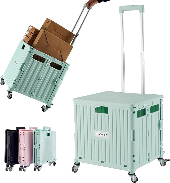 MACOPRO Folding Utility Cart Portable Rolling Crate Handcart Shopping Trolley Collapsible Tool Box, with Lid, Basket on 4 Rotate Wheels, for Grocery, Office, Teacher, Travel Shop Move Luggage (Green)