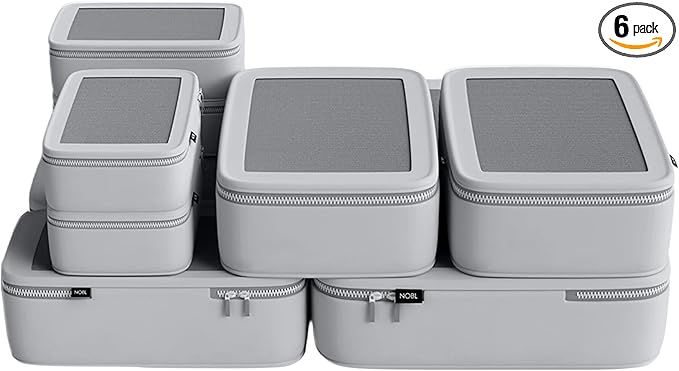 NOBL Travel Compressible Packing Cubes Set, 6 Pieces Travel Packing Organizers, Compression Luggage Cubes for Suitcases & Carry On, Space Saving (XXS, XS, S, M, L, XL) - Silver