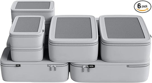 NOBL Travel Compressible Packing Cubes Set, 6 Pieces Travel Packing Organizers, Compression Luggage Cubes for Suitcases & Carry On, Space Saving (XXS, XS, S, M, L, XL) - Silver