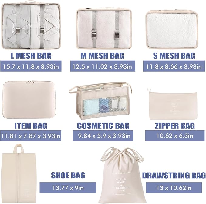 8 Set Packing Cubes for Suitcases, INVODA Travel Luggage Packing Organizers with Laundry Bag, Compression Storage Shoe Bag, Clothing Underwear Bag (Beige)