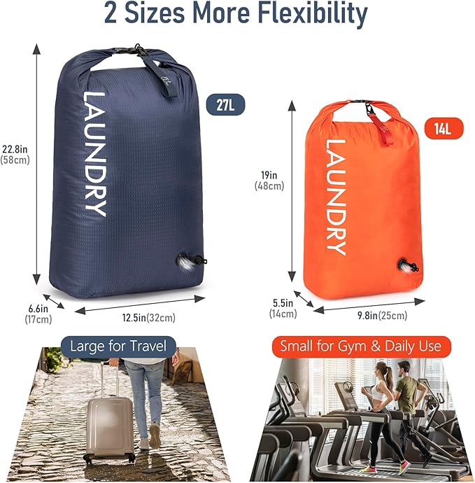WiseBoy Compression Laundry Bag 2 Pack, Pump-Free Travel Laundry Bag for Dirty Clothes, Waterproof Wet Dry Bag, Space Saving Packing Organizer for Suitcase, Gym & Swim (Navy Blue & Orange)
