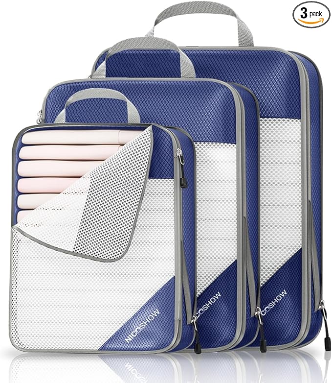 NICOSHOW 3 Set Compression Packing Cubes for Travel - Compressible, Lightweight, and Space-Saving Packing Cubes, Travel Essentials for Women, Navy
