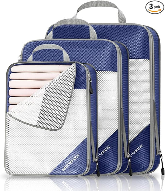 NICOSHOW 3 Set Compression Packing Cubes for Travel - Compressible, Lightweight, and Space-Saving Packing Cubes, Travel Essentials for Women, Navy