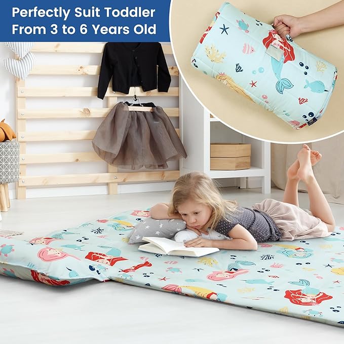 PHF Cute Mermaid Toddler Nap Mat Set, with Removable Pillow for Toddler Girls, Soft and Lightweight for Daycare, Preschool, Travel, Kindergarten Sleeping Bag, Fits Ages 3-6 Years, Cute Mermaid