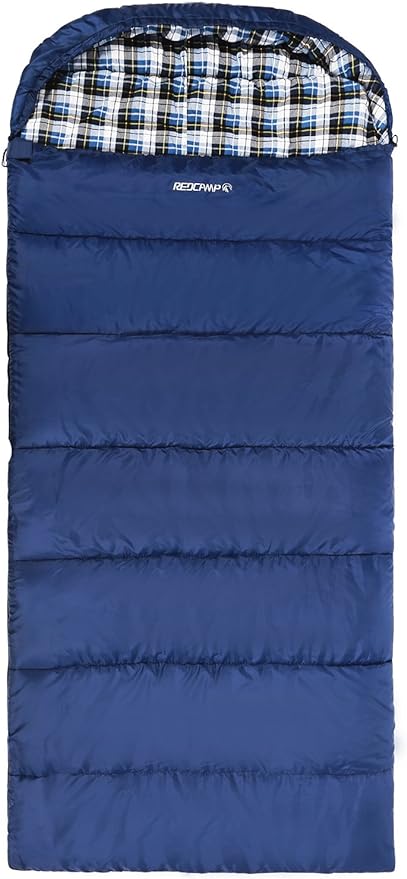 REDCAMP Flannel Sleeping Bag for Adults, Comfortable Cotton Envelope Sleeping Bags for Camping, Backpacking, Hiking, with Detachable Hood&Compression Sack, Blue/Red/Grey/Black
