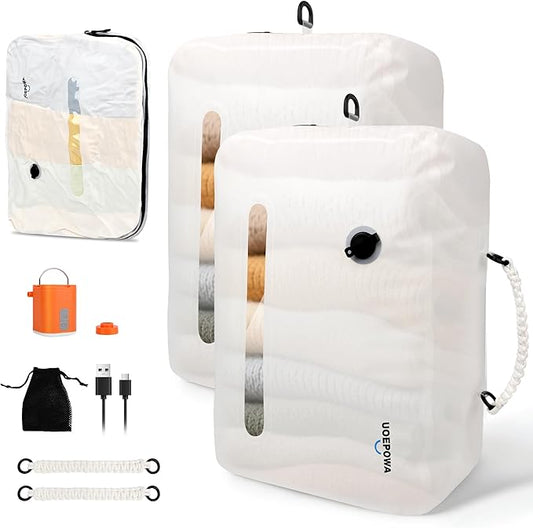 Travel Vacuum Bags with Pump, 33L Vacuum Seal Bags for Clothing, IPX8 Waterproof Vacuum Storage Bags with Handle for Luggage, Backpack, Suitcase, Home & Outdoor 2pack White