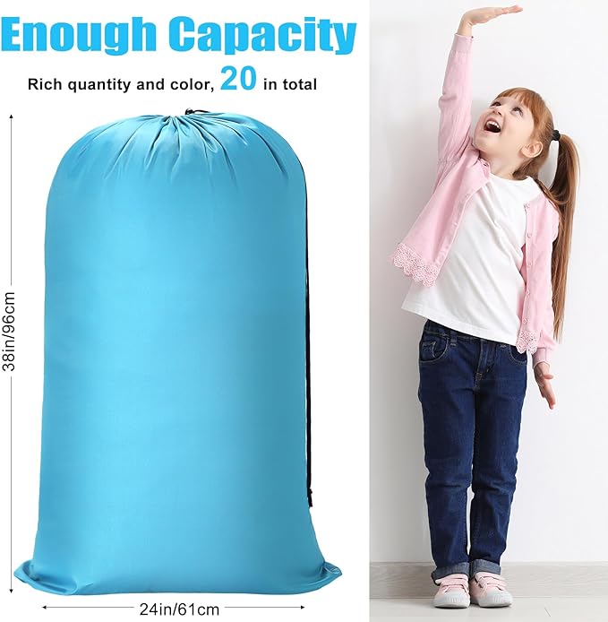 Nuogo 20 Pcs Laundry Bag Washable Travel Laundry Bags with Drawstring Lock Closure Large Heavy Duty for Camping Tent Blankets Dirty Clothes Yarn Fabric Storage, 38 x 24 Inches(Black, Blue, Pink)