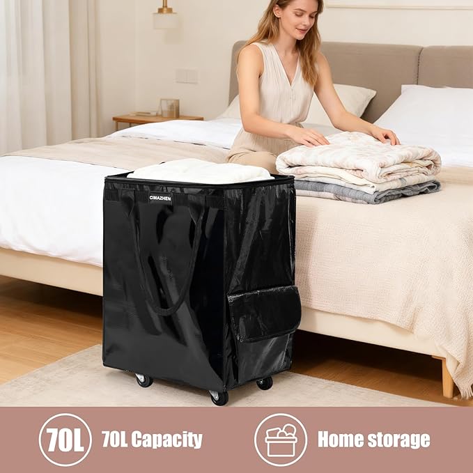 (Medium,Black) Reusable Grocery Bag on 4 Wheels, Foldable Rolling Tote Bag with 3 Handles and Zipper, Storage Organizer for Groceries, Rolling Shopping Cart for Travel, 76lb