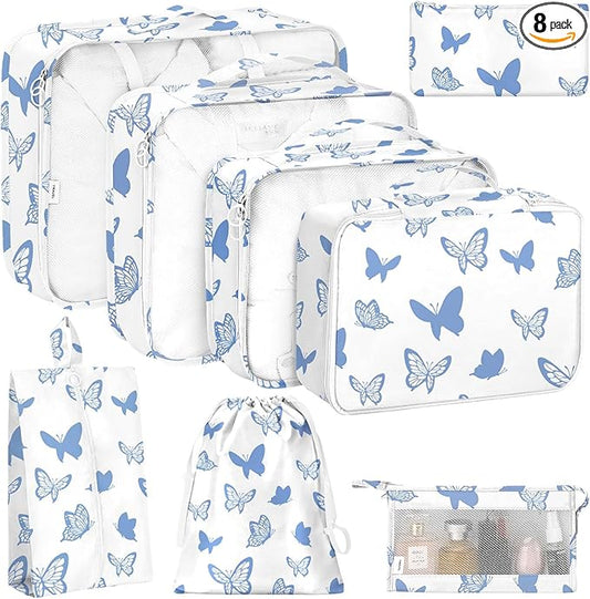KPX 8 Set Packing Cubes for Travel, Luggage Packing Organizers Accessories Large Toiletries Bag for Clothes Shoes Cosmetics (8Set-Butterfly)