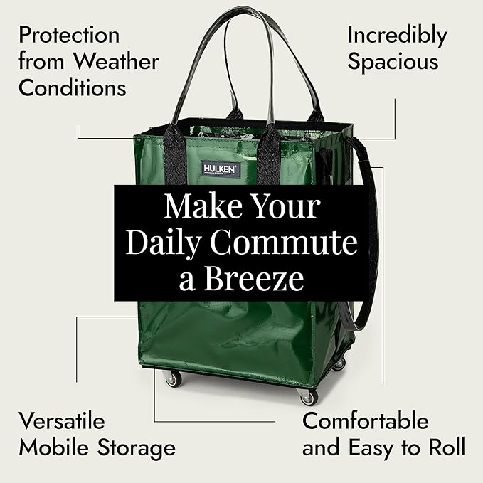 HULKEN - (Medium, Forest Green) Reusable Grocery Bag On Wheels, Shopping Trolley, Rolling Tote, Zipper Closure, Lightweight, Carries Up to 66 lb, Folds Flat, Unbreakable Handles