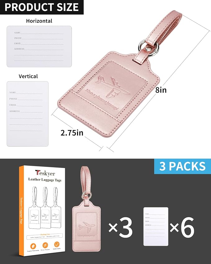 Teskyer Leather Luggage Tags for Suitcases, 3 Pack, Rose Gold - Image 7