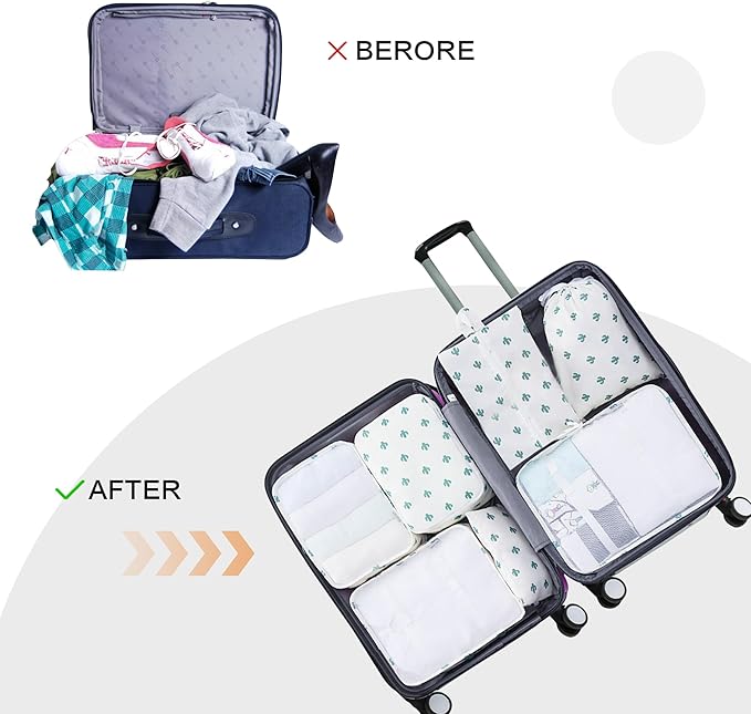 Vercord 8 Set Travel Packing Pods Luggage Organizers Cubes with Laundry Bags Accessories
