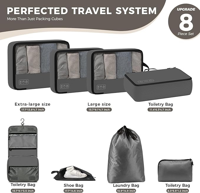 8-Piece Compression Packing Cubes for Travel, Ultralight Luggage Organizer Set with Double Zipper, Space Saving for Suitcase & Carry-On, Ideal for Business Trip Weekend Getaway - Gray