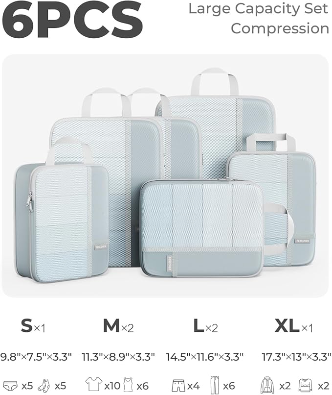 Percover Compression Packing Cubes for Travel, 6-Piece Structured Compression Organizer Set for Organized Packing & Carry-On Luggage, Slate Blue
