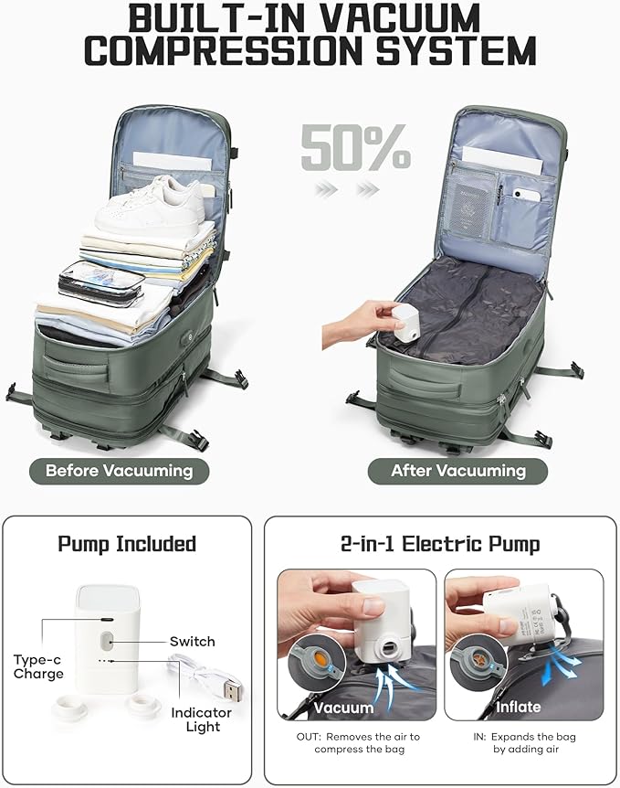 wepadre Vacuum Backpack Travel with Pump Travel Backpack with Vacuum System Expandable Vacpack Compression Backpacks for Travel Easy Vac Pack Carry on Luggage