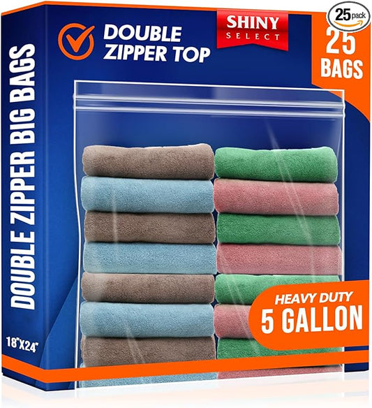 25 count – Extra Large Storage Bags with Double Zipper Top, 5 Gallon, Jumbo Reusable Freezer Bags for Food, Clear Plastic Bags for Clothes, Storage and Travel, 18” x 24”, 2 Mil Thick