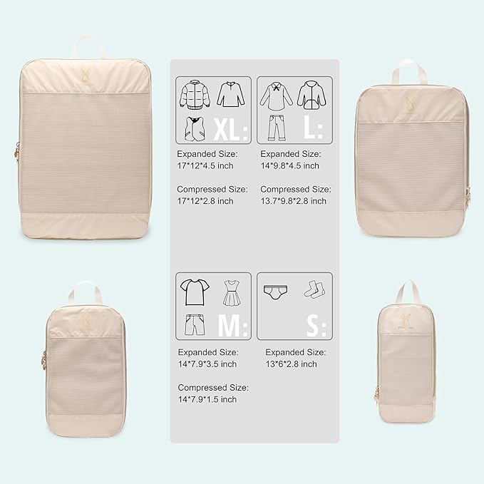 6/8 Sets Compression Packing Cubes for Travel, Bunnychill Portable Zipper Packing Cube for Cloting, Expandable Space Saver Storage Luggage Organizer Bags for Suitcases