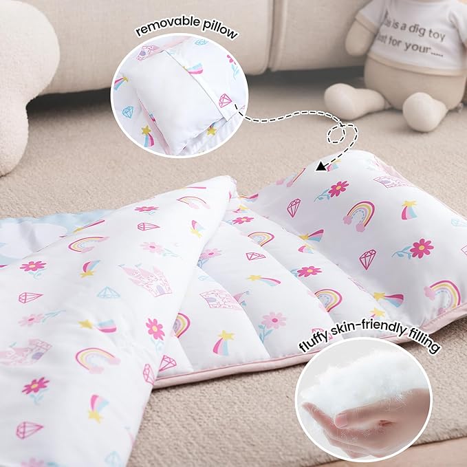 PHF Castle Toddler Nap Mat Set, with Removable Pillow for Toddler Girls, Soft and Lightweight for Daycare, Preschool, Travel, Kindergarten Sleeping Bag, Fits Ages 3-6 Years, Castle