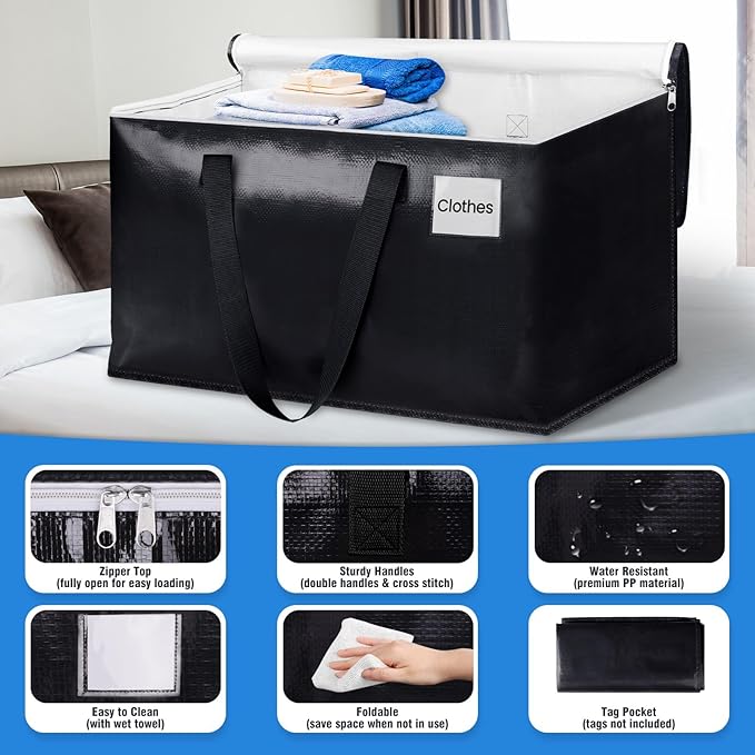 BlissTotes Moving Bags, Heavy Duty Moving Boxes with Zippers Top and Sturdy Handles, Storage Bags for Space Saving and Packing, Collapsible Moving Supplies, Storage Totes (125L, 10-Pack, Black)