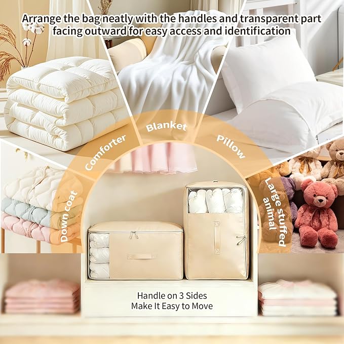 2 Pack Upgrade Comforter Storage Bag with Handle, Space Saving 3-Layer Adjustable In 3 Sizes (142L, 107L, 71L), Compression Blanket Storage Bags, Washable Bedding Organizer For Pillow Duvet Clothing