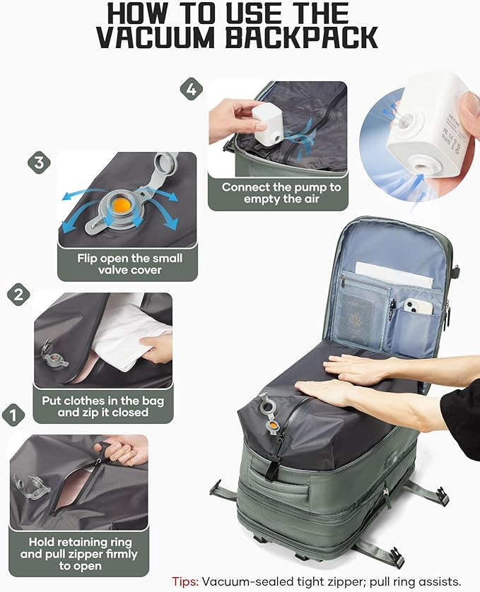 wepadre Vacuum Backpack Travel with Pump Travel Backpack with Vacuum System Expandable Vacpack Compression Backpacks for Travel Easy Vac Pack Carry on Luggage