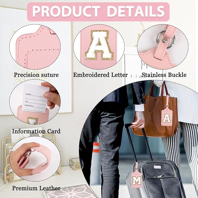 Personalized Initial Luggage Tags for Suitcases, Leather Chenille Letter Cute Luggage Tags with Privacy Name Card, Embroidered Travel Bag Backpack Tag Gifts for Women Kids Girls Teens(Pink-E) - Image 3