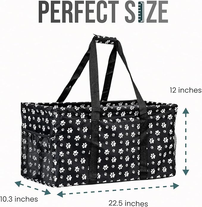 Extra Large Utility Tote Bag - Oversized Collapsible Reusable Wire Frame Rectangular Canvas Basket With Two Exterior Pockets For Beach, Pool, Laundry, Car Trunk, Storage - Dog Paw