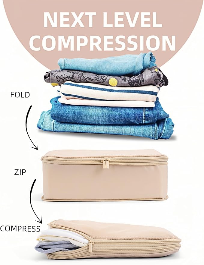 6 Set Compression Packing Cubes for 7–14 Day Travel, Durable Nylon Oxford Luggage Organizers with IP6X Waterproof Toiletry Bag, Expandable Suitcase Packing System (Mist Khaki)