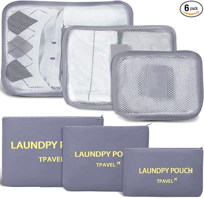 6 Set Packing Cubes for Travel Luggage Packing Bags Reusable Waterproof Suitcase Organizer Bags Set with Shoe Bag and Toiletry Bag (Grey)
