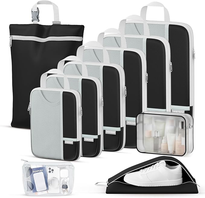 Percover Compression Packing Cubes for Travel, 10-Piece Structured Compression Organizer Set with Toiletry Bag, Laundry Bag & Shoe Bag for Carry-On & Checked Luggage, Black