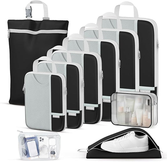 Percover Compression Packing Cubes for Travel, 10-Piece Structured Compression Organizer Set with Toiletry Bag, Laundry Bag & Shoe Bag for Carry-On & Checked Luggage, Black