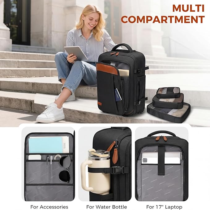 Vancropak Travel Backpack with Wheels, 17 inch Carry On Flight Approved Wheeled Laptop Backpack with 3 Packing Cubes, Expandable Water Resistant Lightweight Roller Backpack for Business, Black Brown