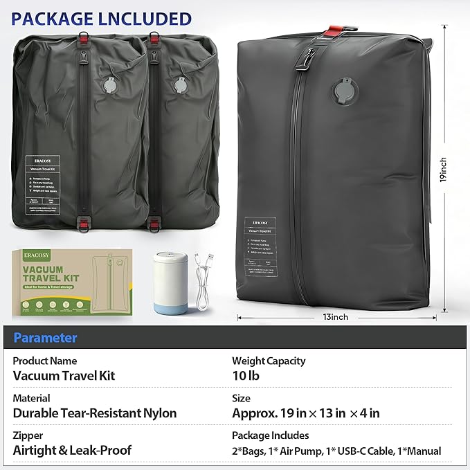 Travel Vacuum Bags with Pump, Compression Bags, Waterproof & Reusable Nylon Vacuum Travel Kit, Portable Space Saver Storage Bags with Wireless Vacuum Pump for Carry-On Backpack & Suitcase, 2-Pack