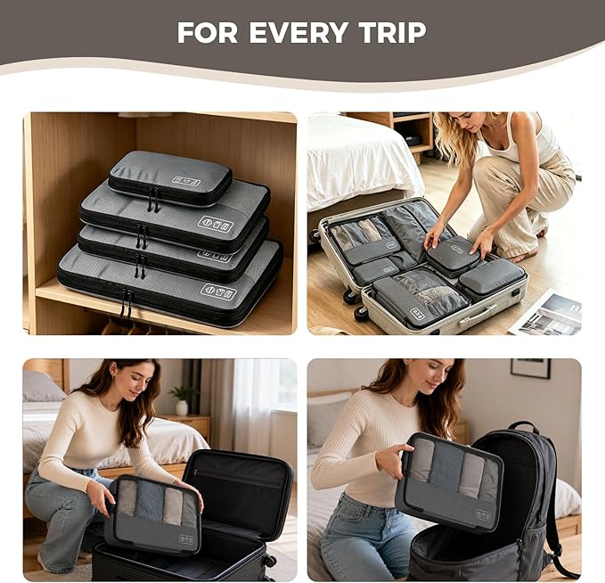 8-Piece Compression Packing Cubes for Travel, Ultralight Luggage Organizer Set with Double Zipper, Space Saving for Suitcase & Carry-On, Ideal for Business Trip Weekend Getaway - Gray