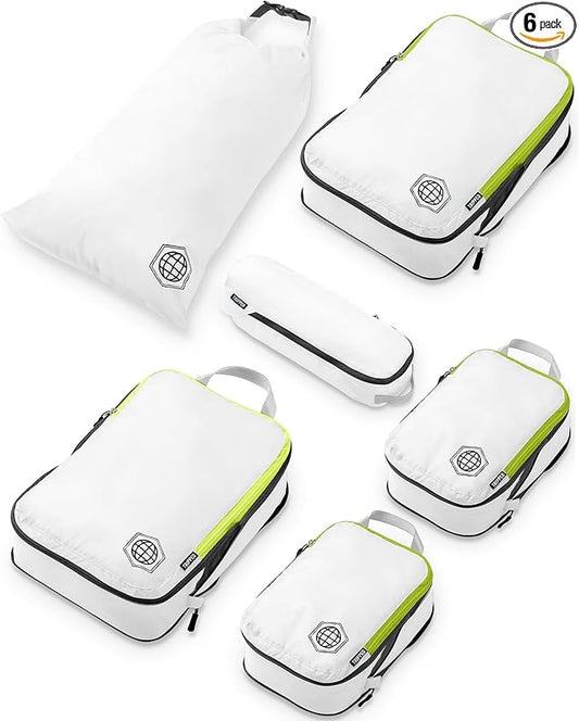 Compression Packing Cubes for Travel, 6-Piece Lightweight Packing Cubes Set for Carry-On Luggage & Backpacks – TRIPPED Travel Gear (White and Green)