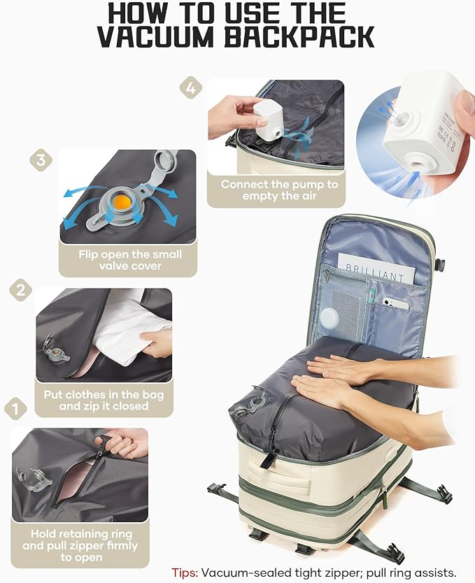 wepadre Vacuum Backpack Travel with Pump Travel Backpack with Vacuum System Expandable Vacpack Compression Backpacks for Travel Easy Vac Pack Carry on Luggage