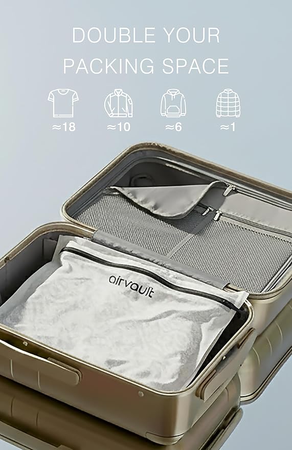 AirVault Premium Reusable Vacuum Seal Storage Bag for Carry On Suitcases & Backpack, Space Saver Airline Travel Vacpack, Pump Included (15L Flat, 2-Pack)