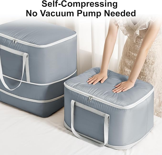 Comforter Storage Bag - 120L Bedding Storage Bags for Moving Closet, Washable Blanket Storage Bag, Ultra Space Saving Self Compression Organizer, 4-Pack, Grey