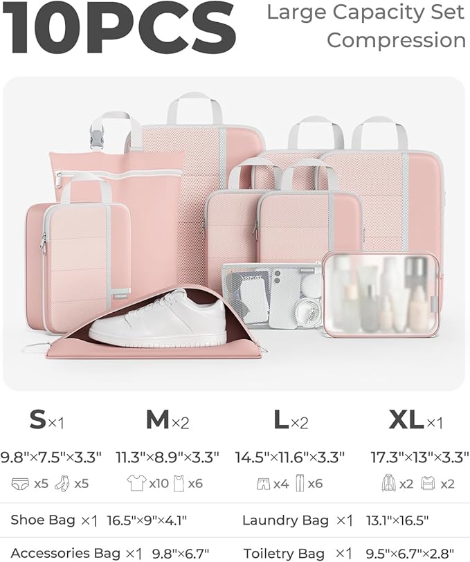 Percover Compression Packing Cubes for Travel, 10-Piece Structured Compression Organizer Set with Toiletry Bag, Laundry Bag & Shoe Bag for Carry-On & Checked Luggage, Pink