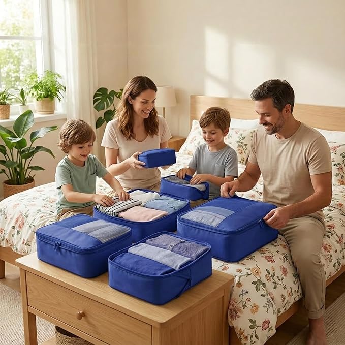 4 Piece Compression Packing Cubes for 3–7 Day Travel, Space Saving Travel Organizers with Breathable Mesh, Double-Zipper Packing Cubes for Carry-On & Suitcases (Blue)