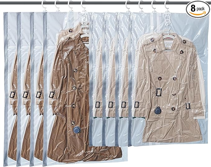 Vacbird Hanging Vacuum Storage Bags for Clothing 8 Pack Hanging Vacuum Seal Bags for Clothing Suit Bags Closet Storage, Hanging Plastic Clothes Cover for Coat, Dress, Fur, Shirt