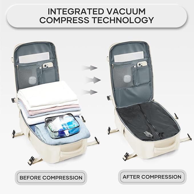 Vacuum Compression Backpack, Travel Vacuum Backpack with Electric Vacpack Pump, Flight Approved Carry On Personal Item Suitcase Luggage for Men Women, Beige, Small