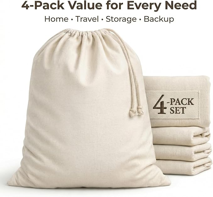 Urban Villa Laundry Bags 4-Pack 28”x36" Extra-Large Cotton Canvas Heavy Duty Washable Durable Travel Laundry Sacks with Drawstring Closure Reusable Hamper Liners for Dirty Clothes Delicates & Lingerie
