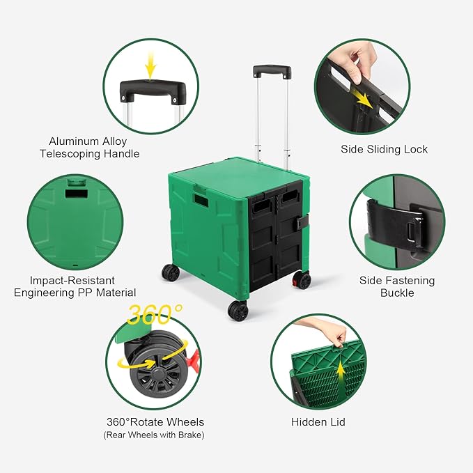 FELICON Folding Utility Cart Rolling Crate Handcart with Durable Heavy Duty Plastic Telescoping Handle Collapsible Hidden Lid 4 Rotate Wheels for Travel Shop Move Office Teacher Use(Dark Green&Black)