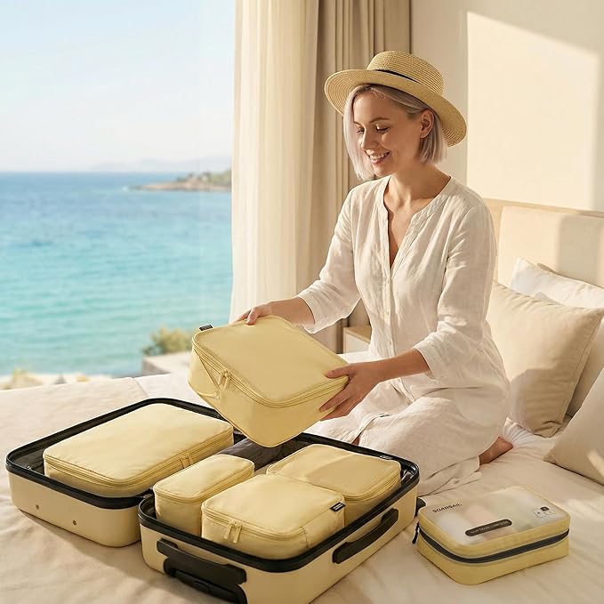 6 Set Compression Packing Cubes for 7–14 Day Travel, Durable Nylon Oxford Luggage Organizers with IP6X Waterproof Toiletry Bag, Expandable Suitcase Packing System (Bright Yellow)