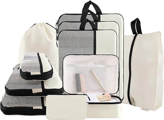 U+U 10 Set Compression Packing Cubes - Ultralight Cream Travel Organizers with Laundry Bag, Space-Saving Suitcase Organizer, Expandable Packing Cubes for Travel and Family Vacation (Cream)