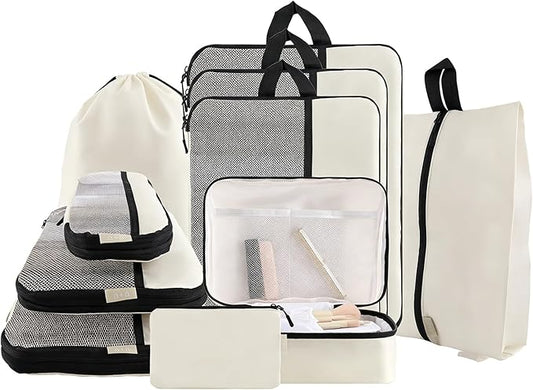U+U 10 Set Compression Packing Cubes - Ultralight Cream Travel Organizers with Laundry Bag, Space-Saving Suitcase Organizer, Expandable Packing Cubes for Travel and Family Vacation (Cream)