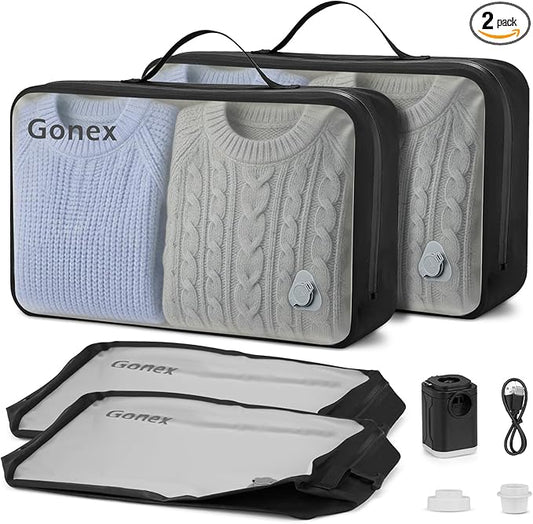 Gonex Vacuum Compression Bag with Pump - Reusable, Waterproof Travel Packing Organizer with Wide Opening, Handle & View Window for Suitcase, Backpack & Clothes Storage (2 Bags + 1 Pump)